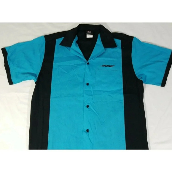 Bose Employee Hilton Bowling Shirt Short Sleeve Button Front Blue Black Mens S - Picture 2 of 4